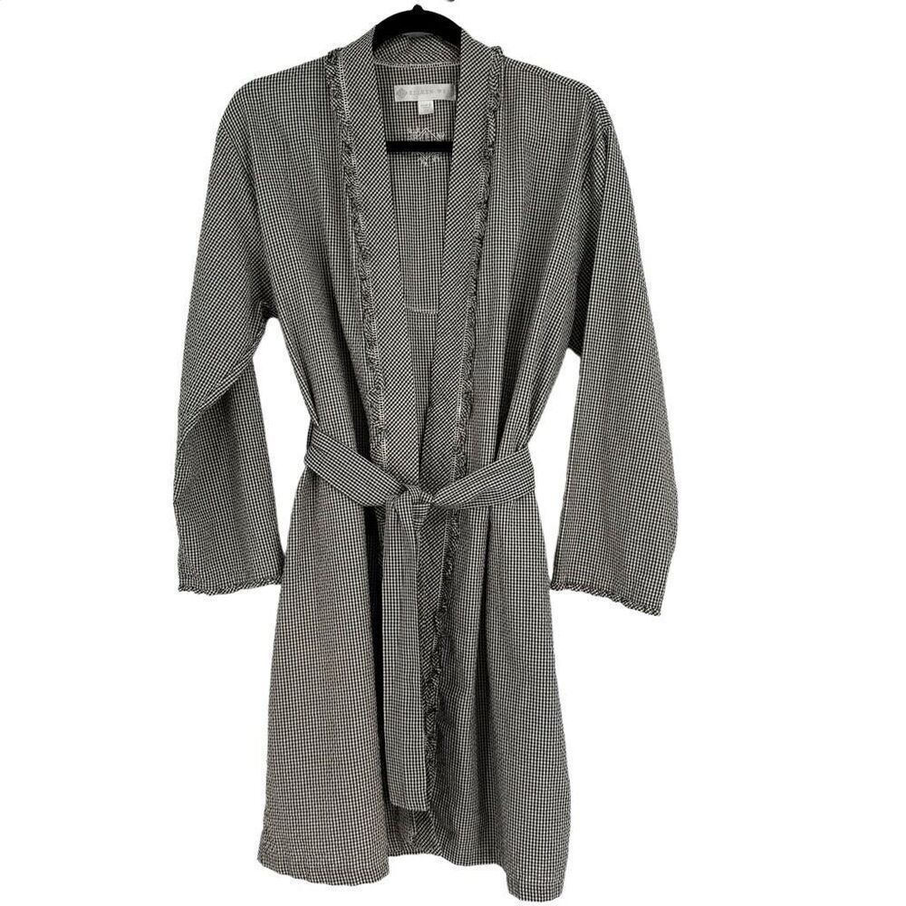 Eileen West Seersucker Robe With Pockets & Tie Belt Black White Check XS